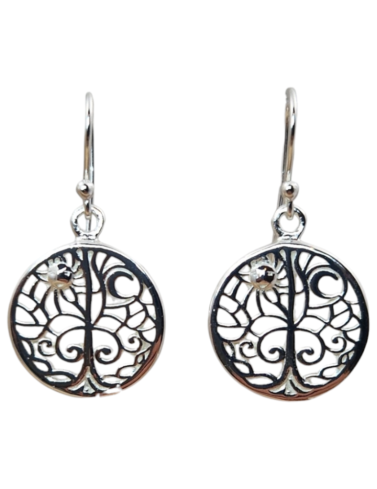 Boucles d'oreilles arbre de vie soleil lune 6 sculptées argent 925