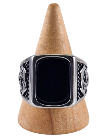 Bague chevalière acier Obsidienne 10