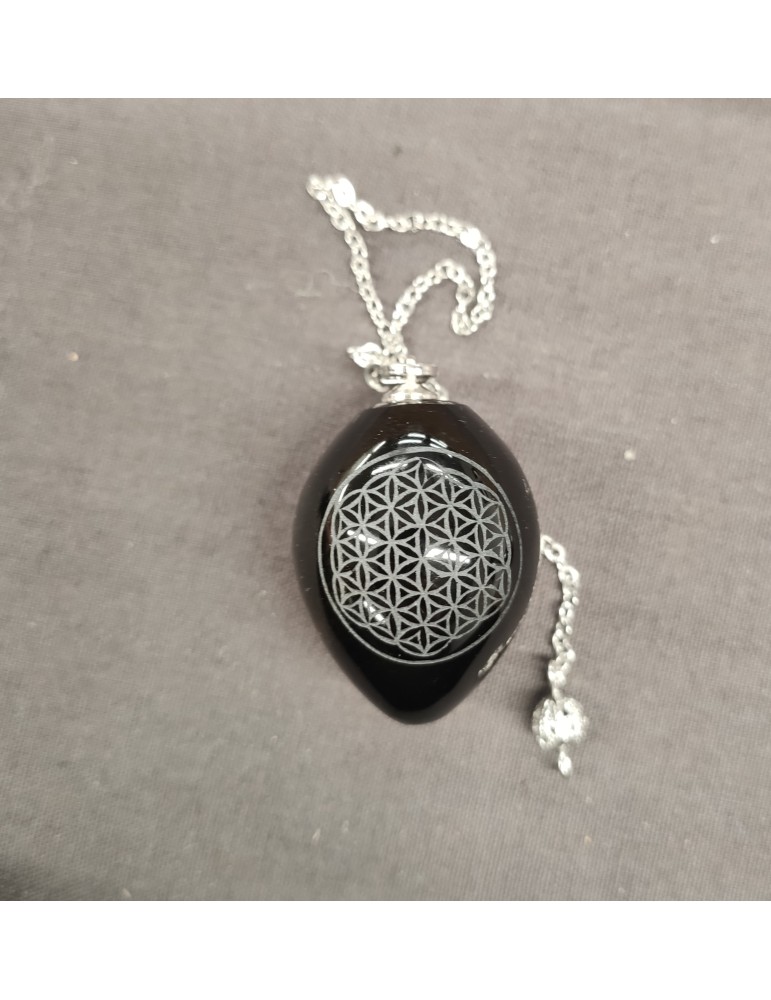 Pendule fleur de vie Œuf obsidienne dorée