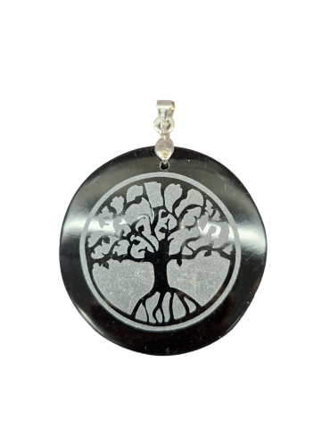 Pendentif arbre de vie gravé obsidienne