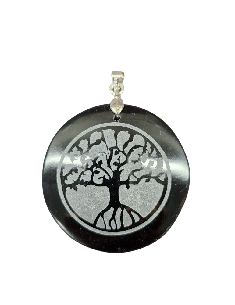 Pendentif arbre de vie gravé obsidienne